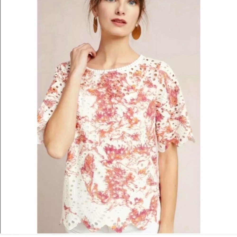 Anthropologie Porridge Bird Print Arbor Eyelet Floral Blouse size XS